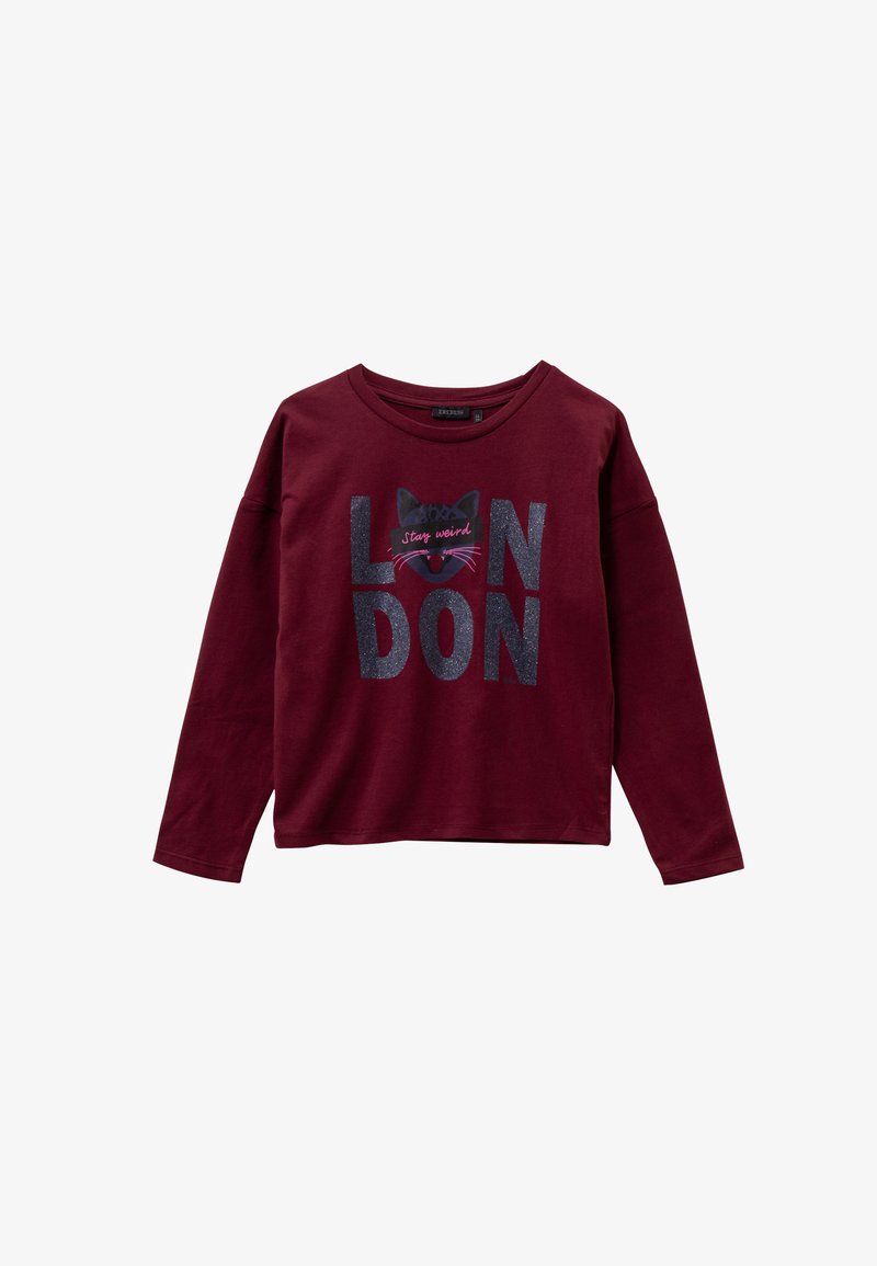Bordeaux lange mouwen sweatshirt met glinsterende "LON DON" tekst en een kattenafbeelding met de frase "Stay weird" in het roze. Zacht fabric.