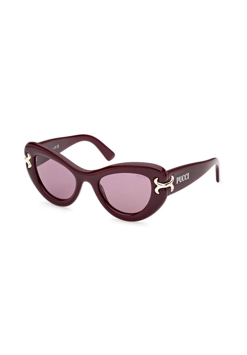 Cat-eye sunglasses in burgundy plastic with rose-tinted lenses. Features gold accents on the frame and the brand name "Pucci" on the side.
