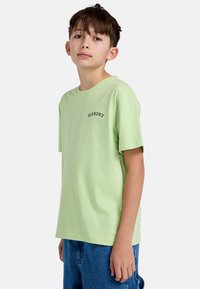 Lys grøn bomulds t-shirt med rund hals og korte ærmer, med "ELEMENT" logo broderet i sort på brystet.