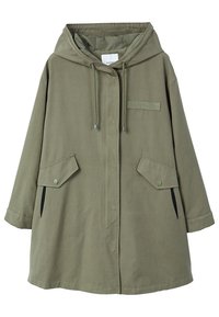 Veste à capuche vert olive en coton, avec une poche avant, deux poches latérales, des boutons-pression et un cordon de serrage au cou.