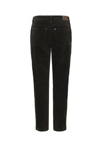 Jean noir droit avec poches arrière et un patch de marque marron sur la ceinture, montré de dos sur fond blanc.