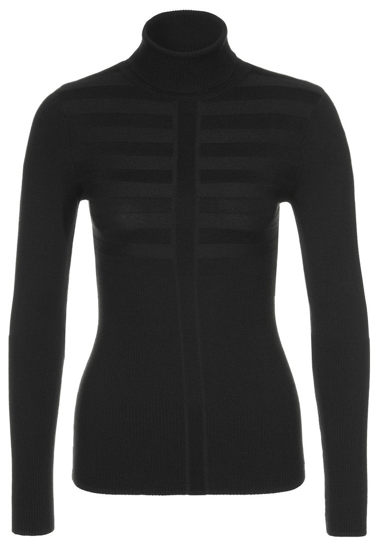 Pull à col roulé noir à manches longues avec des rayures transparentes horizontales sur la partie supérieure de la poitrine et une silhouette ajustée.