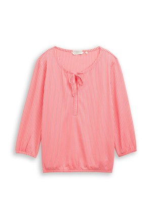 Rosa-weiß gestreifte Bluse mit vertikalen Streifen, Dreiviertelärmeln und einer Schleife am Rundhalsausschnitt.