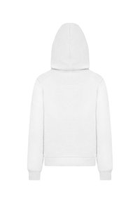 White hooded sweatshirt with soft fabric, long sleeves, and ribbed cuffs. Features a rounded hemline and minimalistic design.