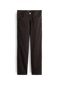 Donkerbruine jeans van katoen met een rechte pijp, voorzien van vijf zakken en een knoopsluiting aan de voorkant.