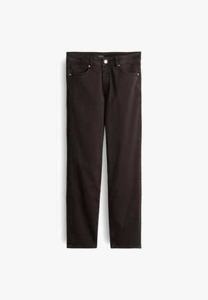 Donkerbruine jeans van katoen met een rechte pijp, voorzien van vijf zakken en een knoopsluiting aan de voorkant.