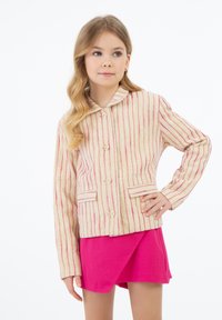 Pruhovaná béžová a růžová bunda s límcem, která má dvě kapsy a zlaté knoflíky, nošená přes růžovou sukni. Hladká textura.