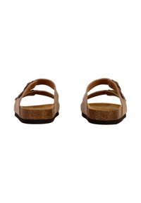 Sandali aperti marroni con due cinturini regolabili, soletta in sughero e suola in gomma testurizzata. Design minimale con finitura liscia.