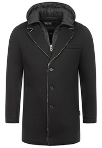 Black coat with a hood, featuring a zip closure and five buttons. Smooth texture with a contrasting inner lining and brown stitching accents.