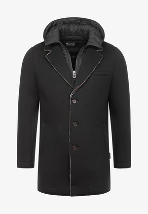 Black coat with a hood, featuring a zip closure and five buttons. Smooth texture with a contrasting inner lining and brown stitching accents.