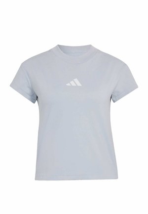 T-shirt en coton bleu clair à manches courtes, col rond, avec un petit logo blanc à trois bandes sur la poitrine. Texture lisse, coupe régulière.