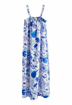 Robe maxi blanche sans manches avec des imprimés abstraits et floraux bleus, dotée d'un col froncé et de fines bretelles.