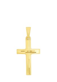 Gold Kreuzanhänger mit polierter Oberfläche, der ein minimalistisches Design, flache Kanten und eine Öse zum Aufhängen aufweist.