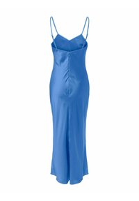 Robe longue en satin bleu avec fines bretelles réglables, encolure en V et léger détail de couture au dos.
