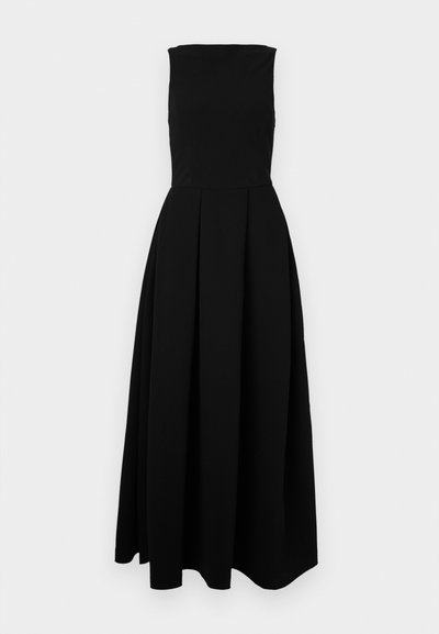 Zwarte mouwloze maxi-jurk met een A-lijn silhouet, met een aansluitende corsage, geplooide rok en een zachte stofstructuur.