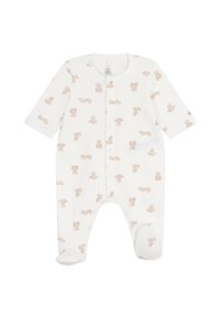 Hvit babybody laget av myk bomull, med et gjentakende beige bamsemønster, lange ermer og trykknapper foran.