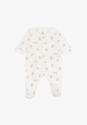 Bijela bebaći bodi od mekanog pamuka, s ponavljajućim bež uzorkom medvjedića, dugim rukavima i gumbima za zakopčavanje sprijeda.