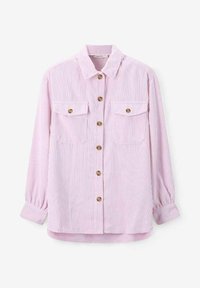 Roze gestreepte corduroy overhemd met knopen aan de voorkant, twee borstzakken en lange mouwen met gathers.