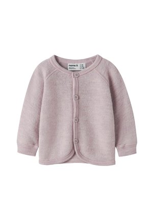Hellrosa Strickjacke mit rundem Ausschnitt, Raglanärmeln, Knopfleiste vorne und weicher Textur. Geeignet für den lässigen Gebrauch.