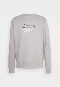 Felpa girocollo grigio chiaro in tessuto morbido. Presenta un logo frontale in nero e argento. Polsini e orlo a costine.