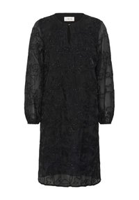 Rochie neagră din material transparent, cu mâneci lungi, broderie florală, decolteu în formă de cheie cu buton și manșete elastice.