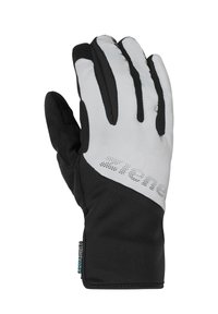 Black and gray gloves featuring a soft outer material, textured palm for grip, and breathable fabric. Includes logo and vented areas.
