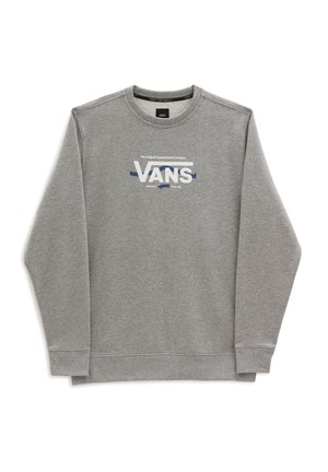 Sudadera gris de manga larga con cuello redondo, con el logo de Vans en blanco y azul y el texto "The Original Skateboard Company" en el centro delantero.
