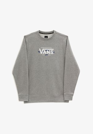 Grijze longsleeve crewneck trui met wit en blauw Vans-logo en tekst "The Original Skateboard Company" middenvoor.
