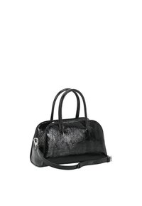 Black patent leather handbag with a sleek, rounded shape, dual top handles, and a detachable shoulder strap. Features a glossy texture.