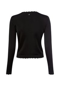 Czarny długi rękaw bluzka, żebrowana tekstura, falbaniasty dół i dekolt, z małym akcentem z tyłu, wykonana z lekkiego materiału.