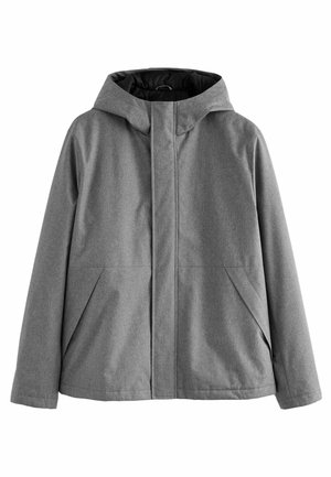 Szürke kapucnis dzseki struktúrált anyagból, elöl zárható, két oldalsó zsebbel és laza szabással. Bélés sima felületű.