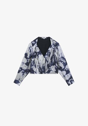 Veste raccourcie en tissu argenté avec un motif abstrait bleu marine. Présente des manches longues et un décolleté en V profond, avec une texture subtile et un design élégant.