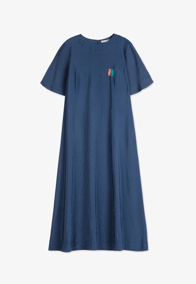 Navy blue dress made of smooth fabric, featuring a round neckline, short sleeves, and small embroidered accents in orange and green.