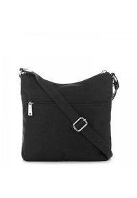 Borsa a tracolla nera in nylon con una texture liscia. Presenta una tracolla regolabile, chiusura con zip e una tasca frontale con zip.