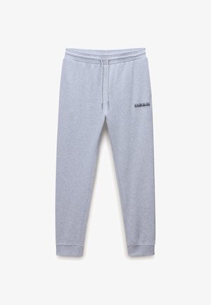 Lichtgrijze joggingbroek met elastische tailleband, trekkoord, zijzakken, taps toelopende pijpen en klein zwart logo op het rechter bovenbeen.