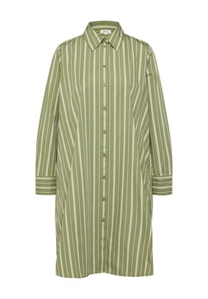 Sukienka-koszula z długim rękawem, zapinana na guziki, w kolorze oliwkowej zieleni z białymi pionowymi paskami i kołnierzykiem w szpic.