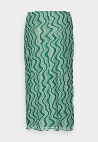 Vihreä aaltoileva kuvioitu hame, joka on valmistettu kevyestä kankaasta ja jossa on virtaava muotoilu. Sisältää vaihtelevaa vihreän sävyä ja hienovaraisia valkoisia vivahteita.