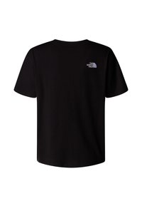 Black short-sleeve t-shirt made of cotton. Features a small white logo on the upper back. Soft texture with a classic fit.