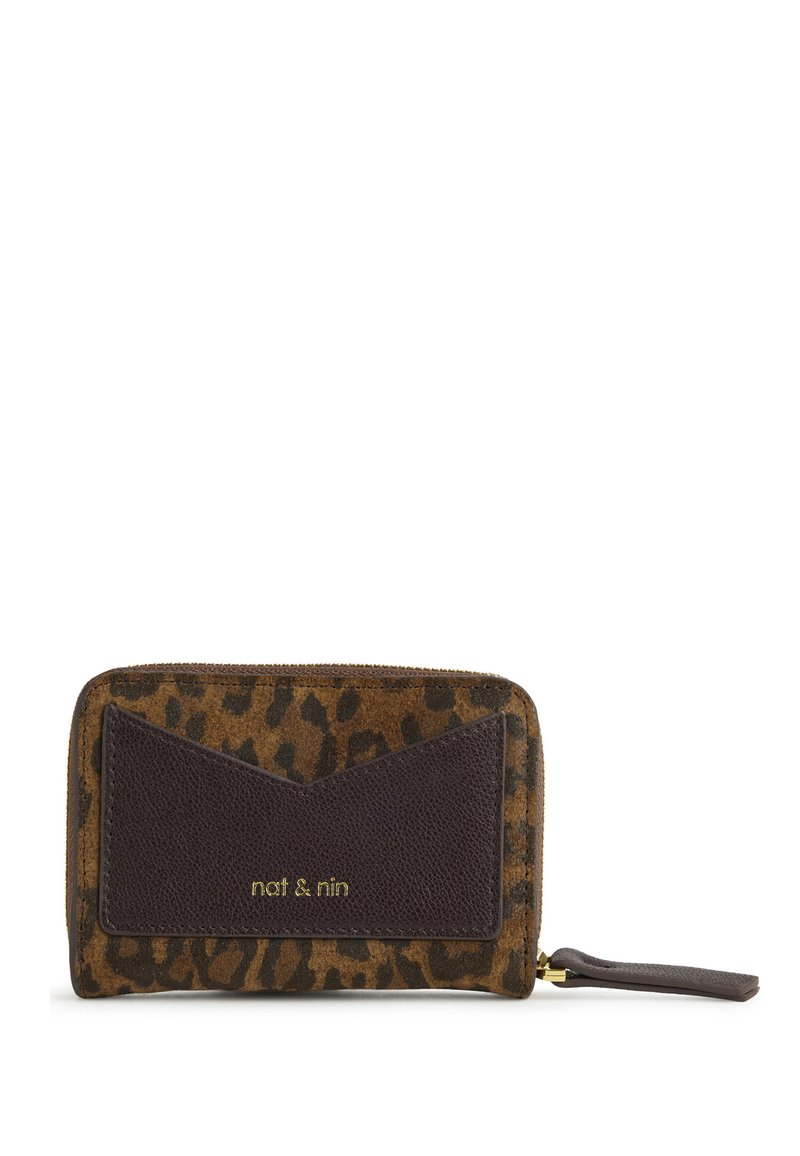 Brown and black leopard print zip wallet with dark brown leather cardholder and gold "nat & nin" logo on front.