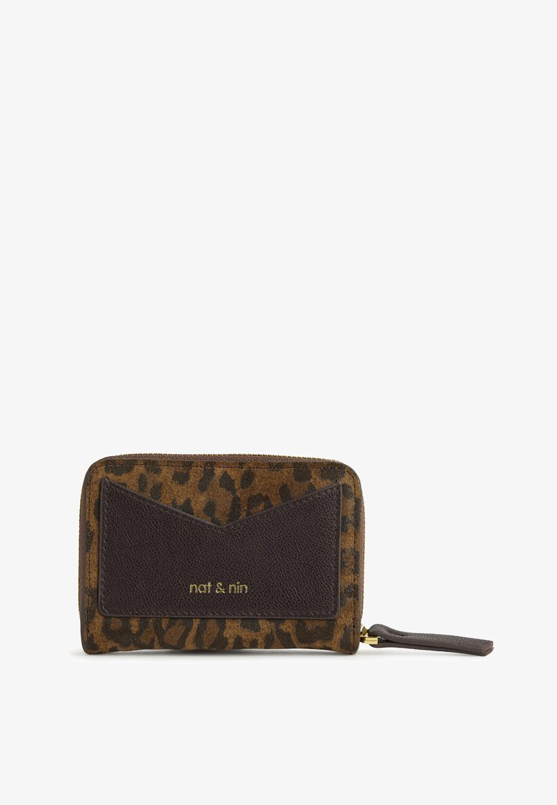 Brown and black leopard print zip wallet with dark brown leather cardholder and gold "nat & nin" logo on front.