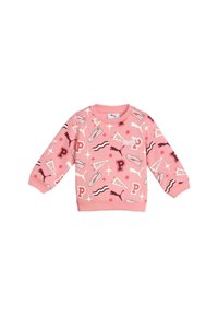 Rosa sweatshirt med långa ärmar, prydd med lekfulla mönster av sneakers, sportlogotyper och stjärnor. Tillverkad i mjukt tyg med ribbade ärmslut.