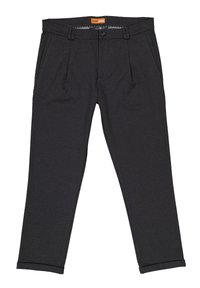 Dunkelgraue Hose mit geradem Bein, Gürtelschlaufen, Knopfverschluss, seitlichen Taschen und einem kleinen orangefarbenen Etikett auf der Innenseite des Bunds.