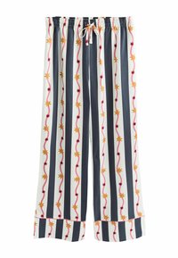 Baumwoll-Hosen mit weitem Bein und elastischem Bund, versehen mit abwechselnd blauen und weißen Streifen, akzentuiert mit dekorativen Mustern in Gelb, Rosa und Rot.