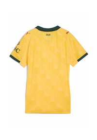 Žltý futbalový dres s zelenými akcentmi. Krátke rukávy, okrúhly výstrih, s jemným geometrickým vzorom. Logo značky na hornej ľavej strane.