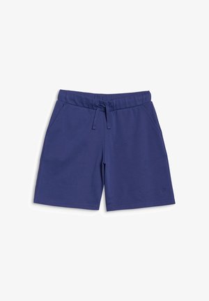 Short décontracté bleu marine avec taille élastique et cordon, poches latérales et petit logo sur la partie inférieure de la jambe droite.