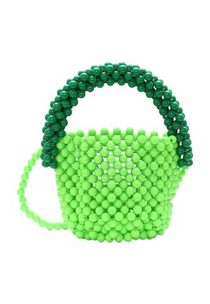 Grüne Perlen-Handtasche mit abgerundetem oberen Griff und strukturiertem Körper, der eine Kombination aus hellen und dunklen grünen Perlen aufweist.