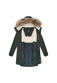Geacă verde parka cu glugă căptușită cu blană, căptușeală interioară moale și șnururi reglabile. Dispune de închidere cu fermoar și nasturi, cu accente decorative.