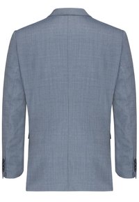 Hellblauer maßgeschneiderter Blazer, strukturierter Stoff, zwei frontale Taschen, ein Schlitz, Knöpfe mit vier Knopfverschlüssen, scharfe Revers, Rückansicht gezeigt.