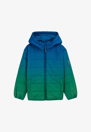 Kékből zöldbe átmenő színű bélelt kabát. Kapucnival, elöl cipzárral és rugalmas szegélyekkel rendelkezik. Simább anyag, steppelt mintával.