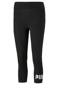 Czarne, krótkie legginsy z szerokim pasem i białym logo "PUMA" na dolnej lewej nodze.